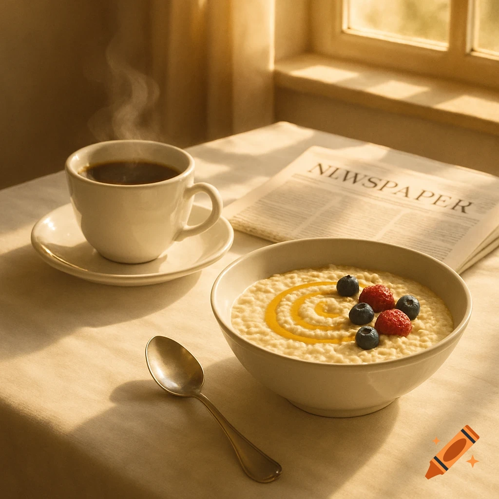 Photorealistic image of a breakfast table with a steaming cup of coffee, oatmeal with berries and honey, a newspaper, and a spoon.