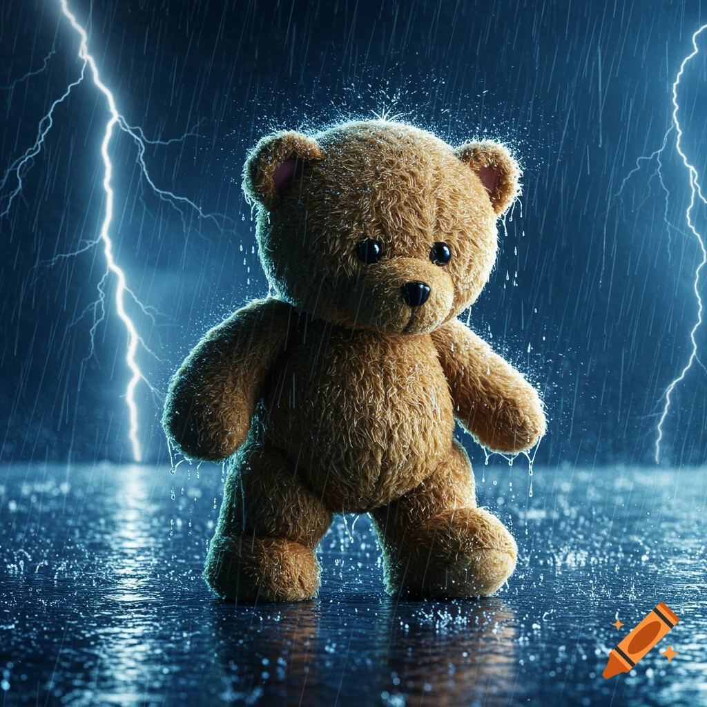A fluffy brown teddy bear stands in heavy rain with water splashing on a wet surface, as bright lightning flashes in the dark background.