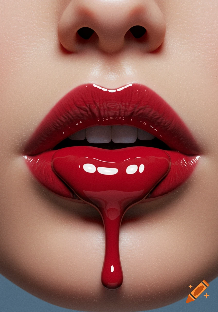 Close-up of a person's mouth with glossy red lipstick dripping down from the lower lip.