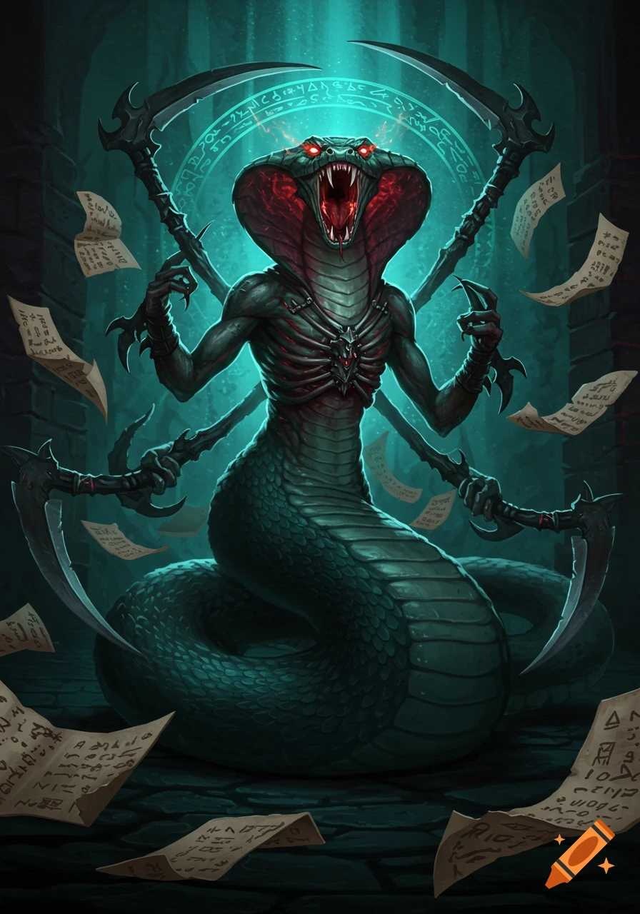 An anthropomorphic cobra creature with red eyes, exposed ribs, and multiple scythes for arms, screaming amidst floating papers in a dark, ancient setting.