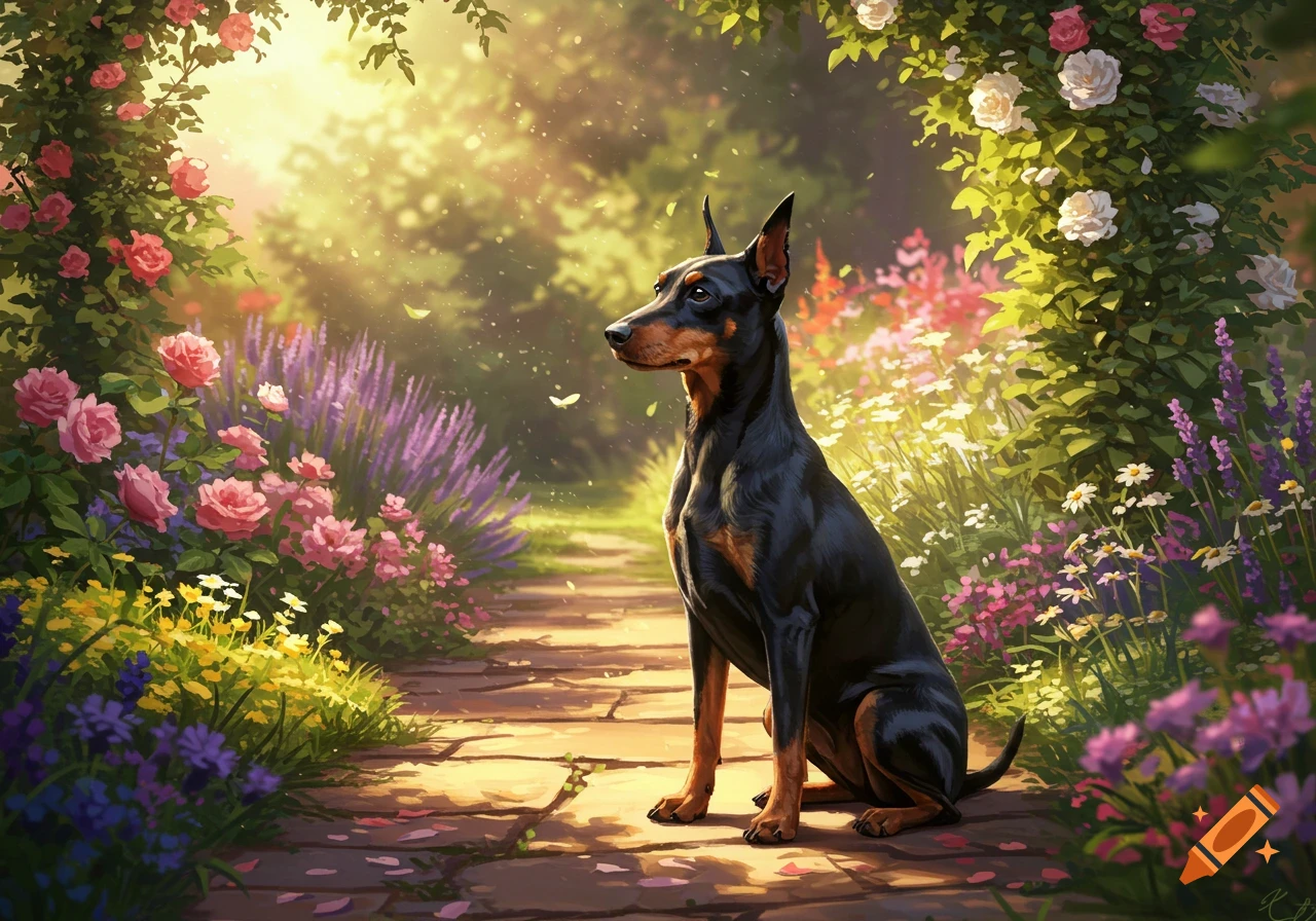 A black and tan Doberman Pinscher sits on a sunlit stone path in a vibrant garden filled with colorful flowers, rendered in an illustrative style.