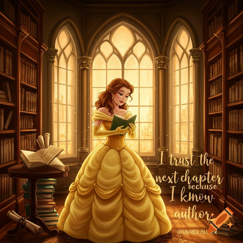 Belle in a yellow gown reading a book in a grand library with arched windows, text overlay, digital art.
