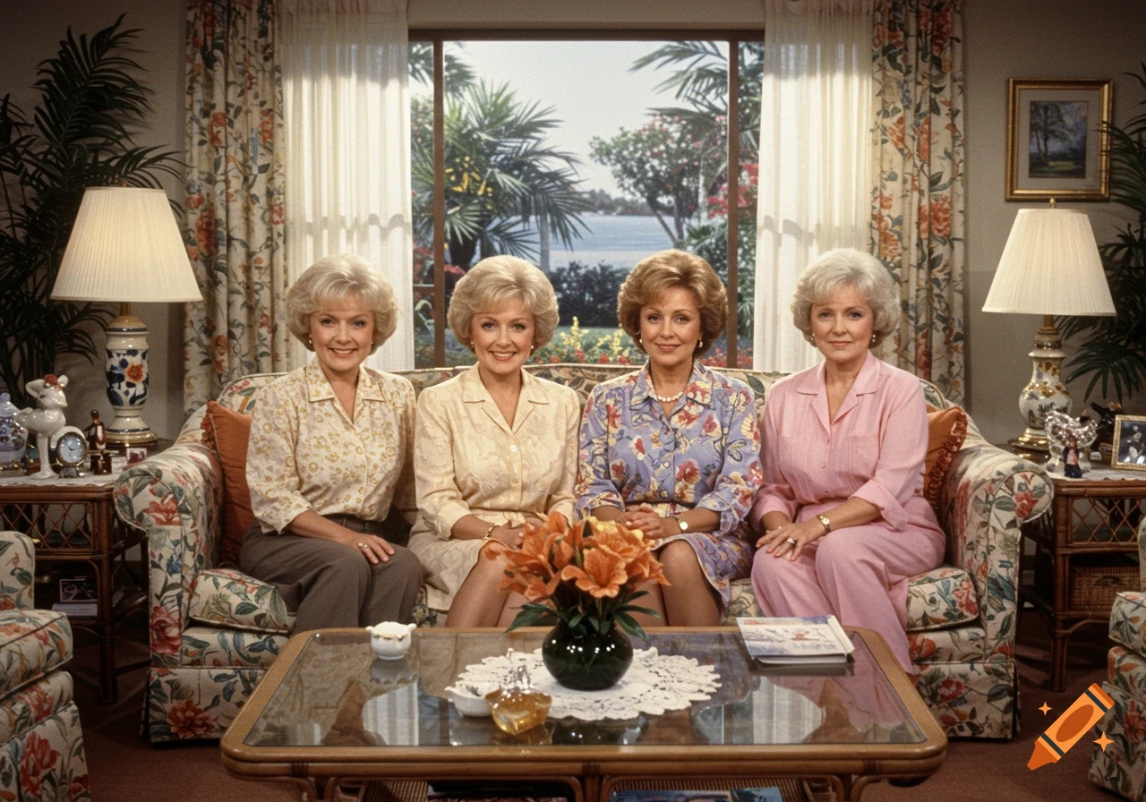 Four older women sit smiling on a floral couch in a brightly lit living room with a window view of palm trees and water.
