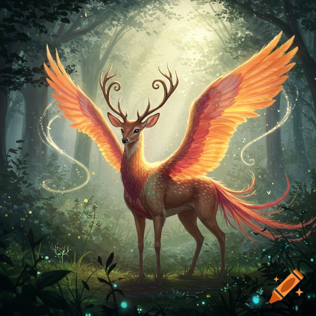 A majestic winged deer with large orange wings and antlers stands in a magical forest with glowing plants and dappled sunlight.