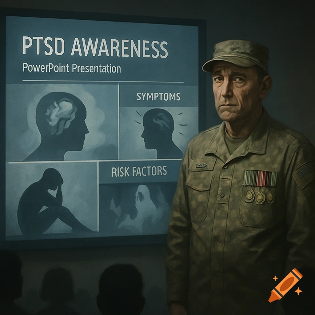 A solemn soldier in uniform stands next to a 'PTSD AWARENESS PowerPoint Presentation' slide with silhouettes of heads and a seated person.