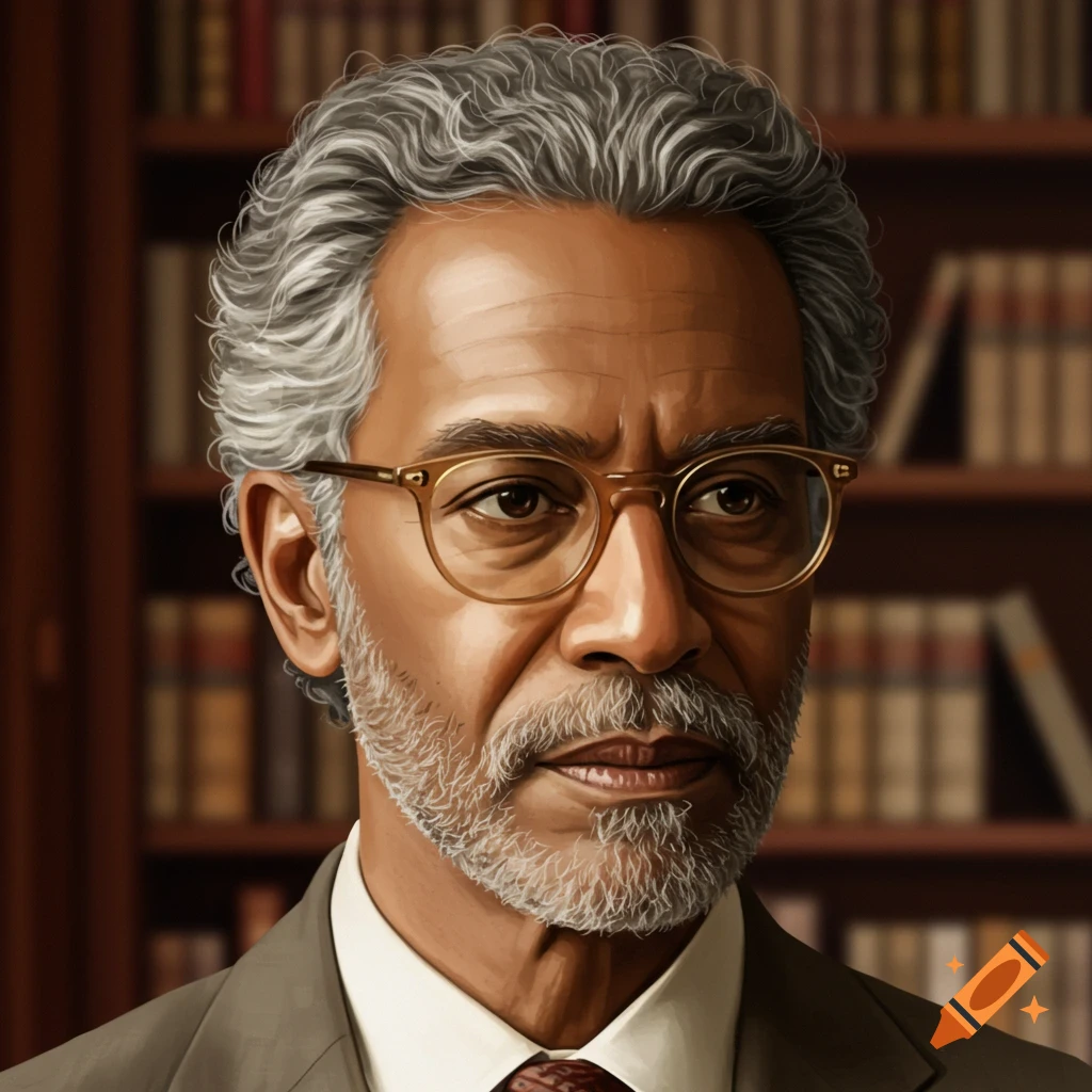 Portrait of an olive-skinned man with wavy salt/pepper hair and butterscotch glasses in front of a bookshelf, digital painting.