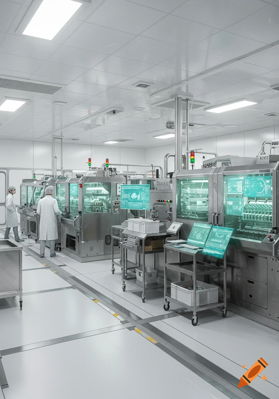 Photorealistic view of a modern pharmaceutical manufacturing facility with workers in lab coats operating sterile machinery and glowing screens.
