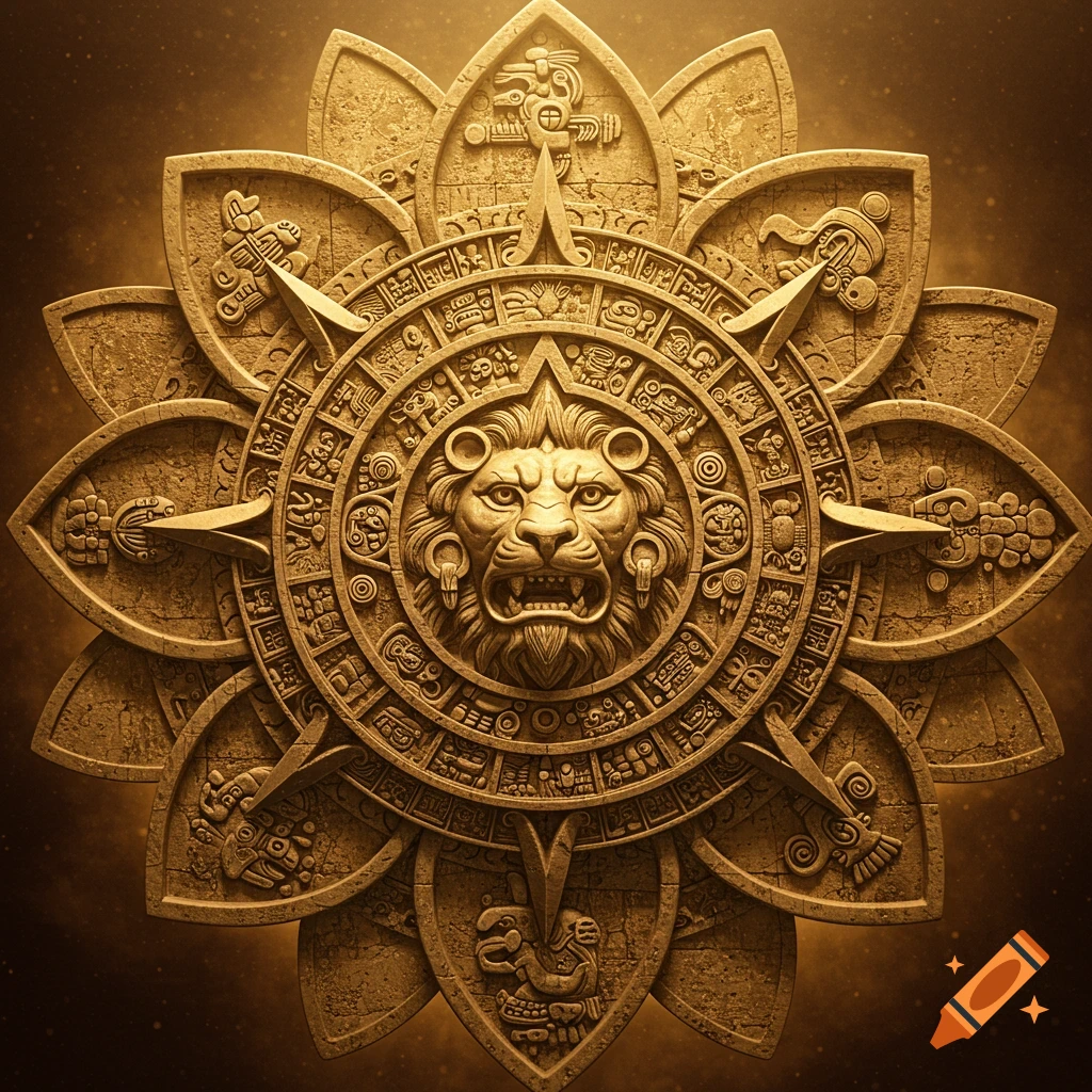 An ornate golden Aztec-style calendar carved in stone, shaped like a flower with a fierce lion's head at its center, surrounded by intricate glyphs and symbols.