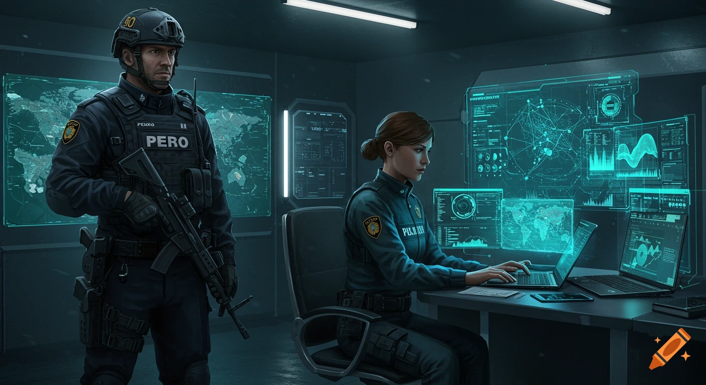 Tactical officer with rifle and female officer on laptop in a futuristic control room with glowing holographic screens.