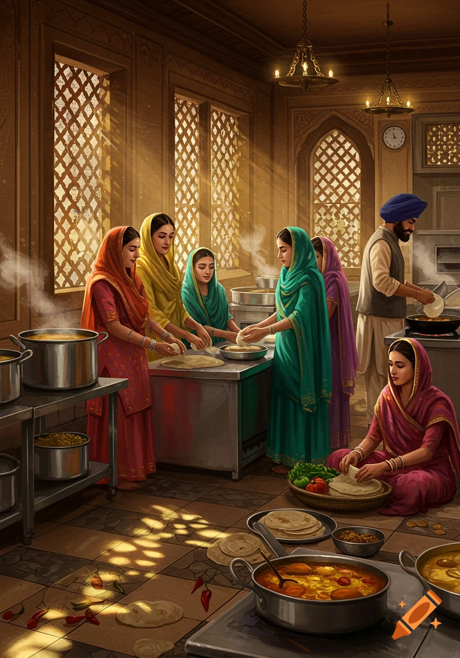 A detailed painting of people in traditional Indian attire cooking food in a sunlit kitchen, preparing Langar.