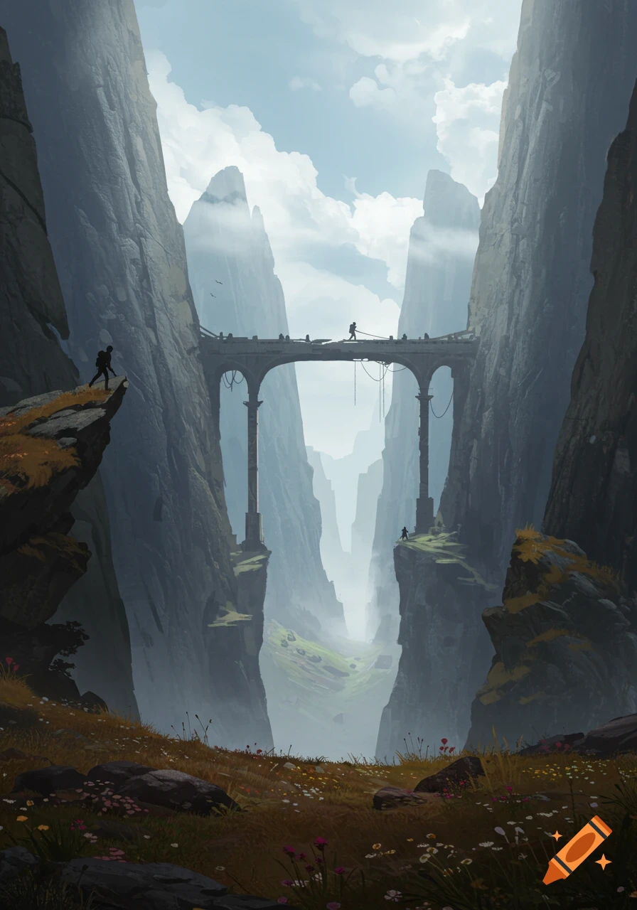 Vast canyon with towering cliffs, a stone bridge, and tiny figures, bathed in misty light.