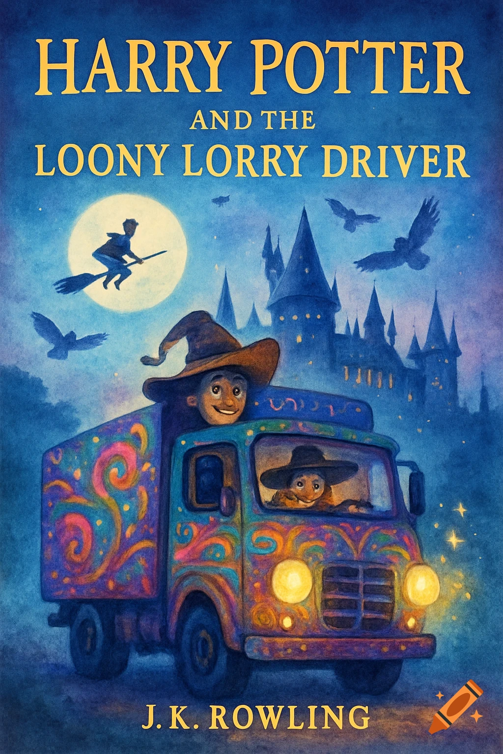 Illustrated Harry Potter book cover with a wizard flying on a broom, a colorful truck, and a castle under a moonlit sky.