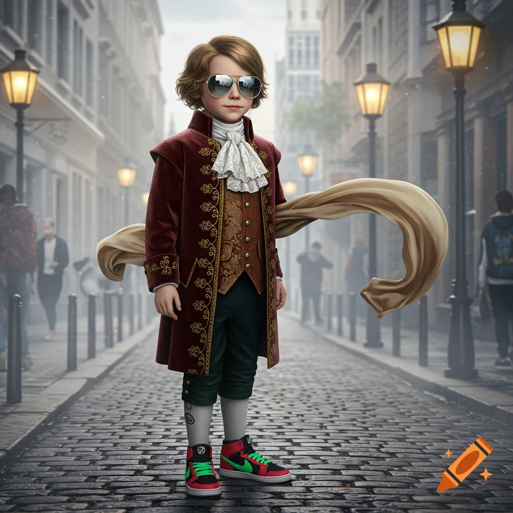 A young boy wearing a historical red coat, vest, breeches, and cravat, paired with modern sunglasses and colorful sneakers, stands on a cobblestone street.