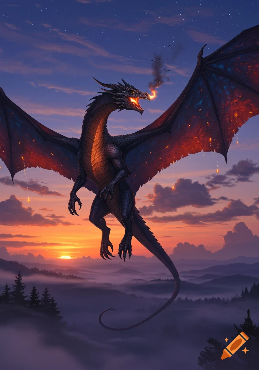 A black dragon with fiery wings flies and breathes fire across a vibrant sunset sky over misty mountains.