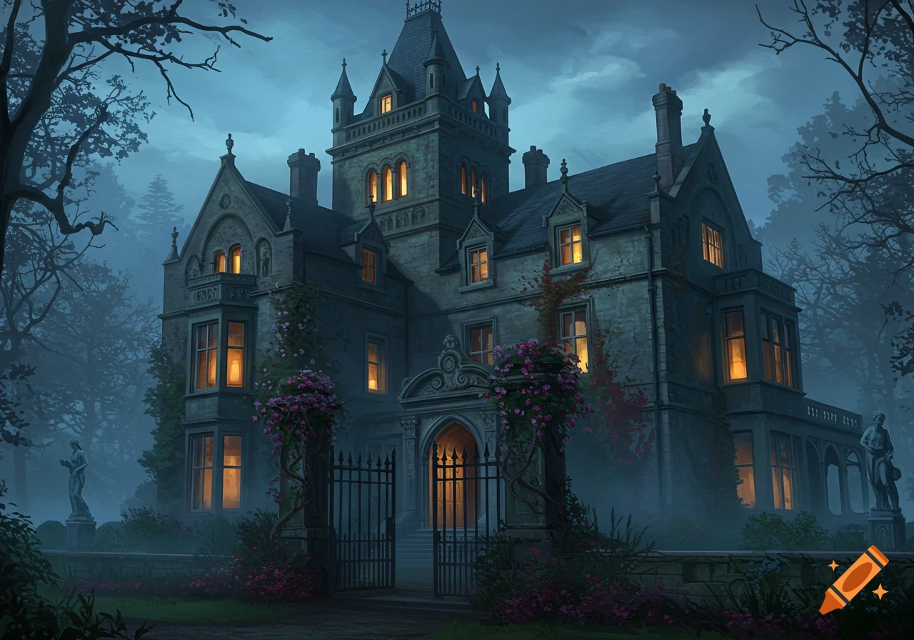 A dark, gothic Victorian manor with illuminated windows, surrounded by gnarled trees and purple flowers, shrouded in fog under a night sky.