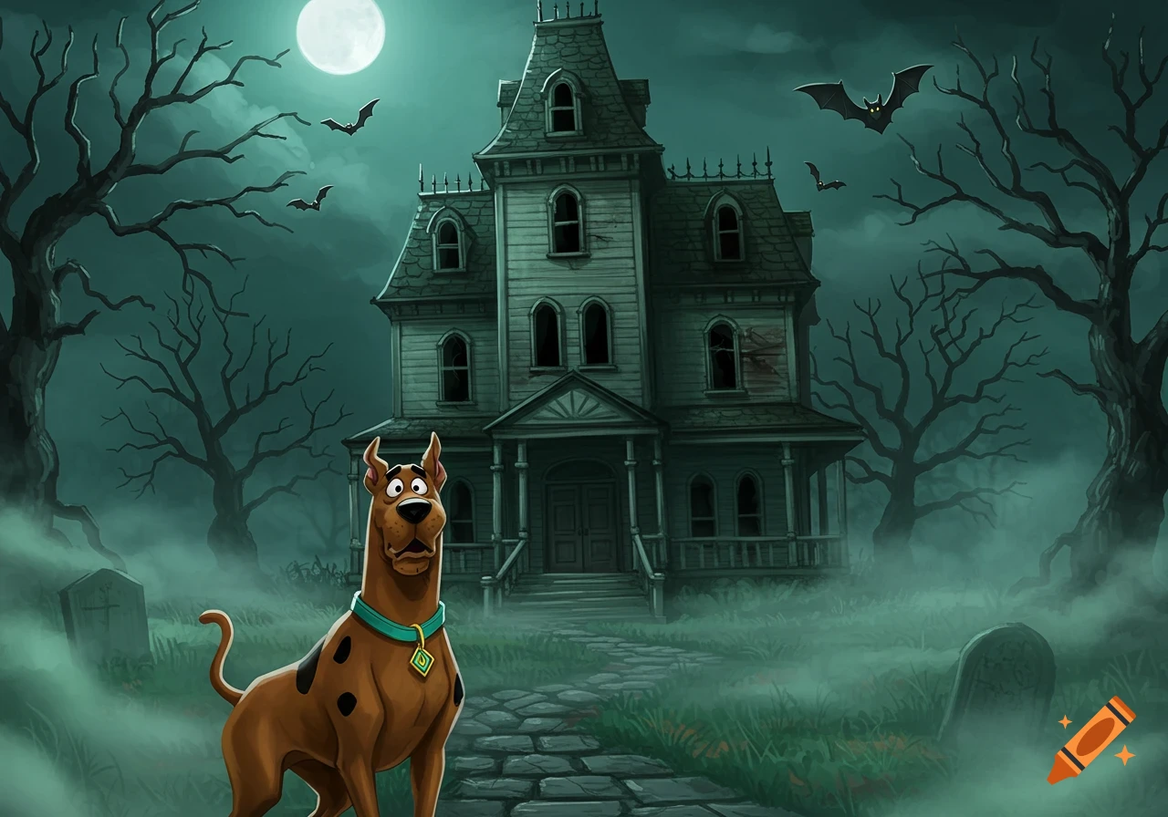 Scooby Doo stands on a path before a spooky haunted house at night, with a full moon, bats, and gravestones in a foggy, cartoon style.