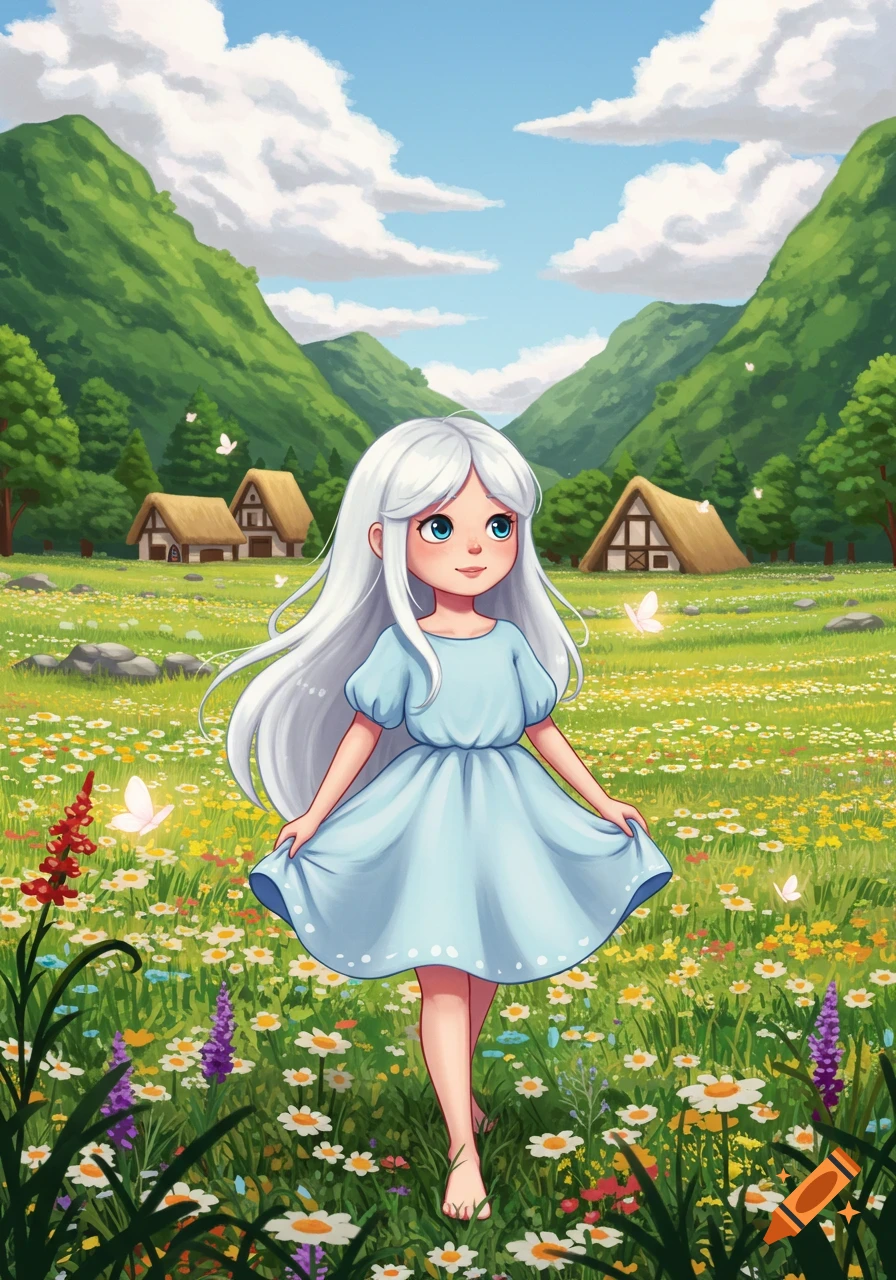 A cute cartoon girl with long white hair in a light blue dress walks barefoot through a vibrant wildflower meadow with mountains and small houses in the background.