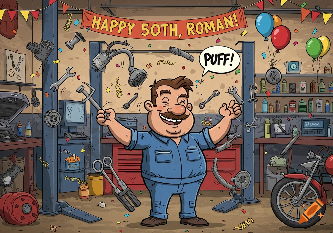 A cheerful cartoon mechanic in a blue uniform celebrates his 50th birthday in a garage with tools and confetti flying, with a banner saying "Happy 50th, Roman!" and a "PUFF!" speech bubble.