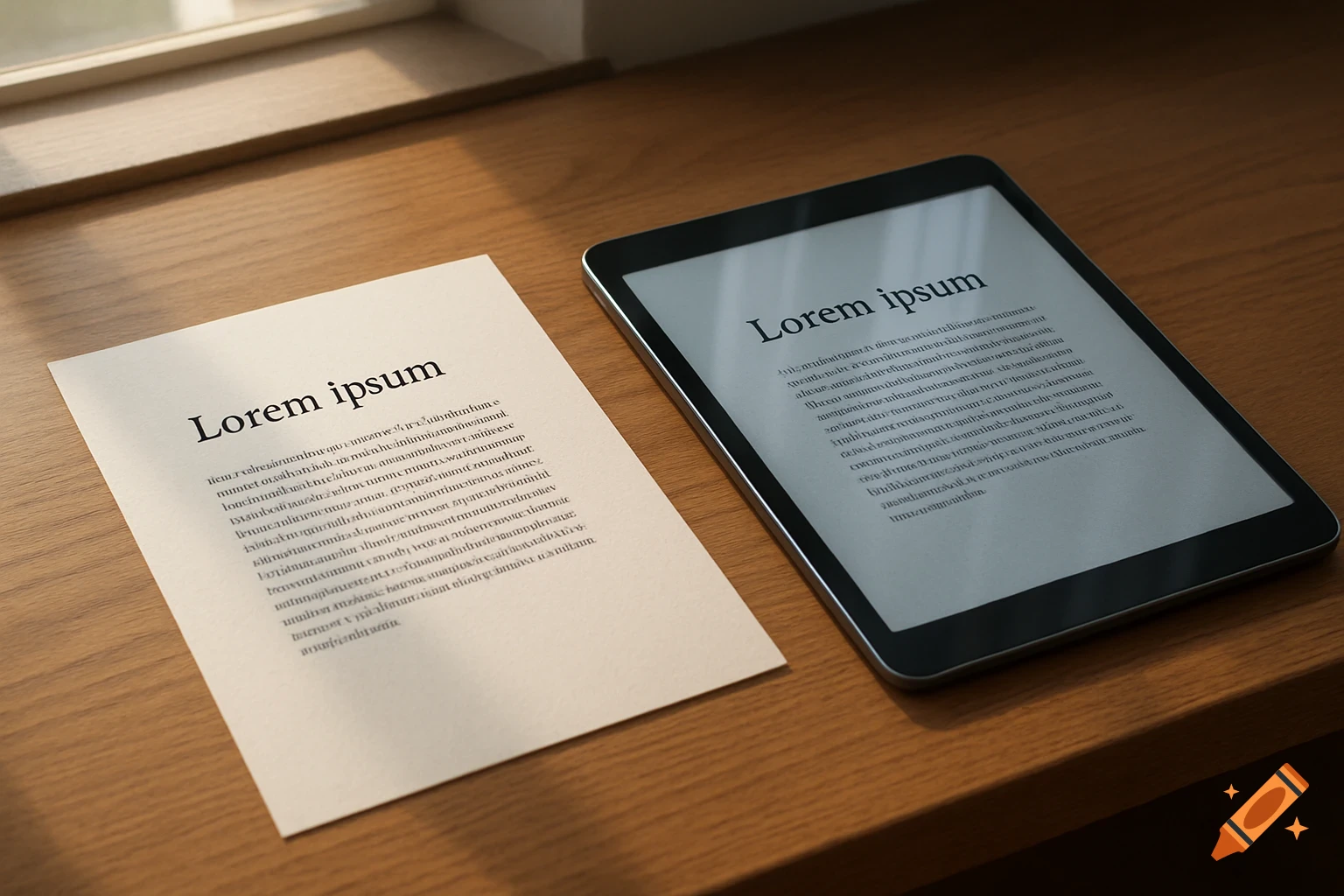A piece of paper and a tablet, both displaying 'Lorem ipsum' text, lie on a wooden desk next to a window.
