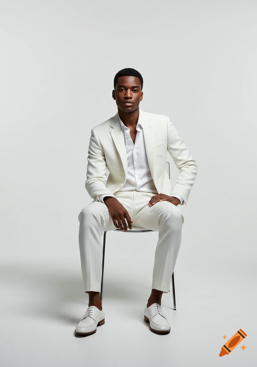 A young man in a white suit sits confidently on a chair against a plain white studio background.