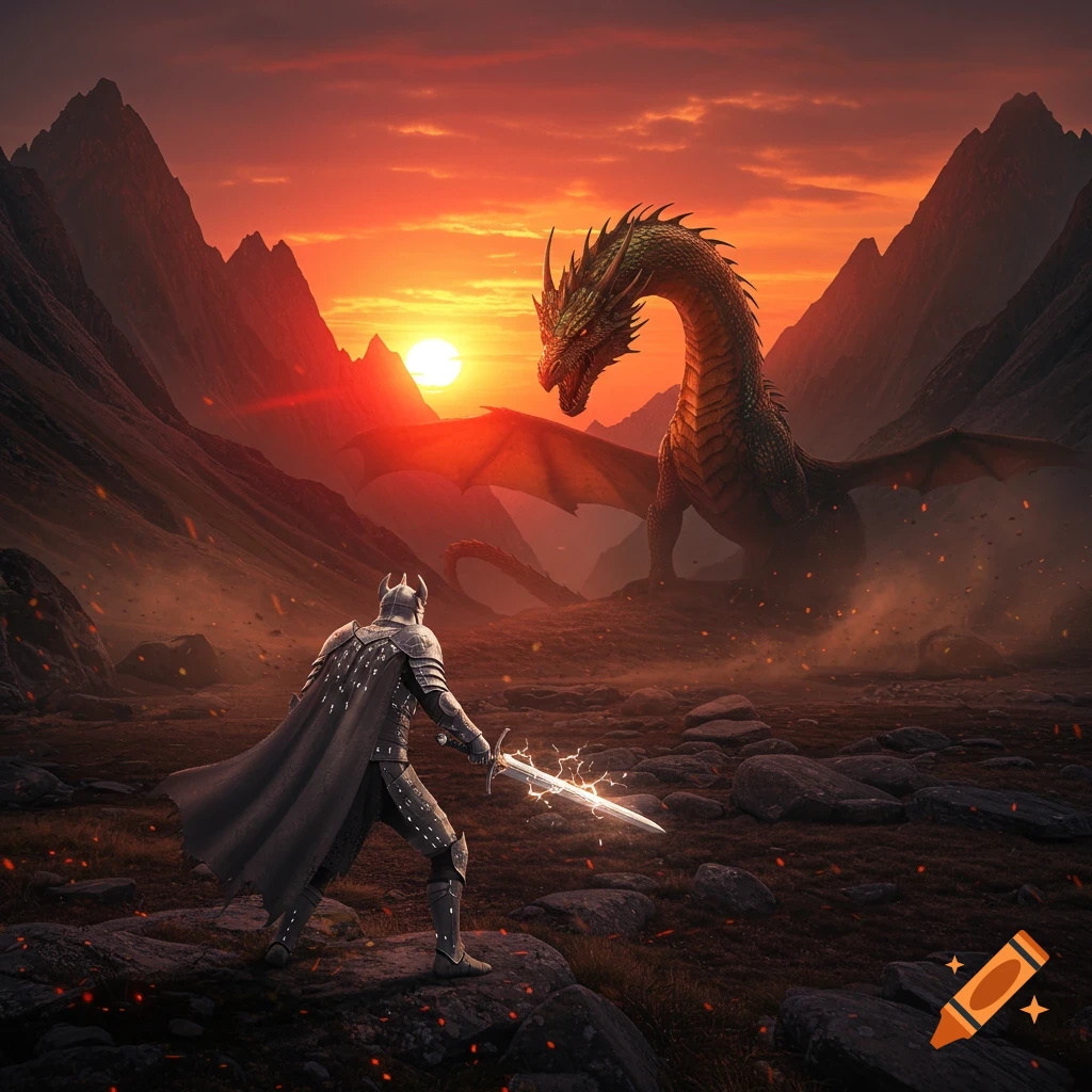A knight in armor confronts a large green dragon in a mountainous, fiery landscape at sunset, holding a glowing sword.