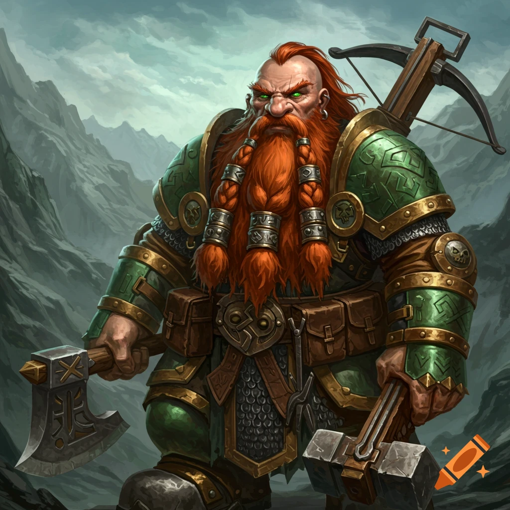 A fierce red-bearded dwarf warrior in green and gold armor, holding an axe and a hammer, with a crossbow, in mountains.