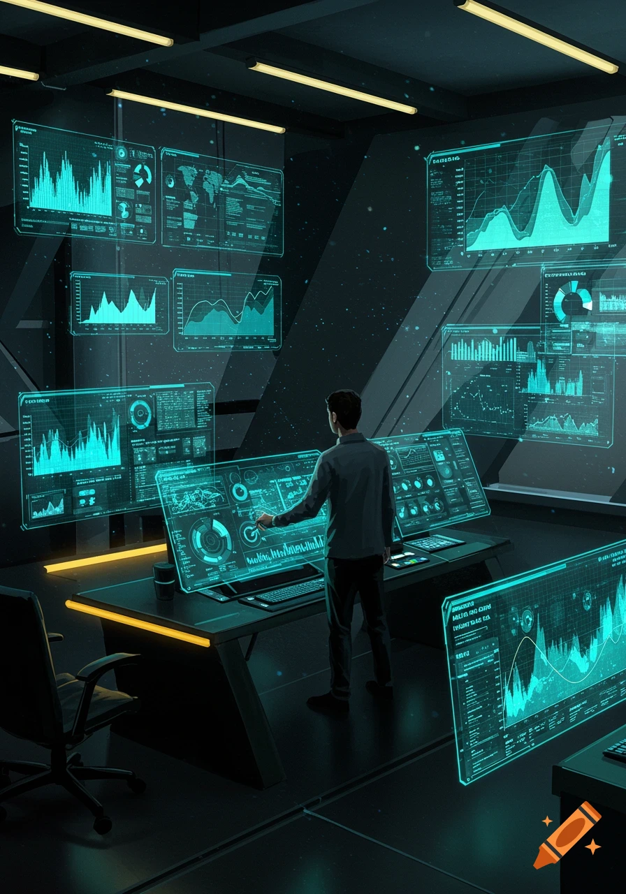 A man in a futuristic control room interacts with holographic screens displaying data visualizations and graphs.