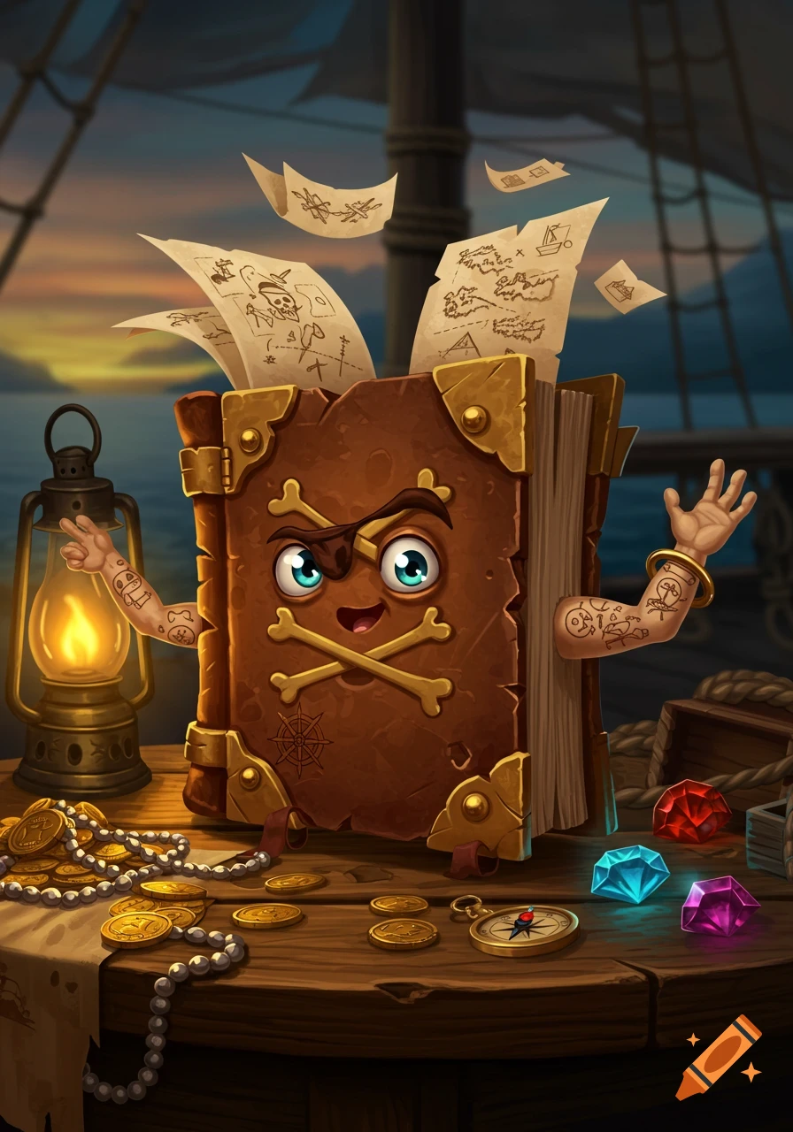 A stylized, cartoon pirate book with expressive eyes and a patch, with arms showing tattoos, sitting on a wooden table among treasure coins, gems, and a compass. Pirate maps fly from its pages on a ship deck at sunset.