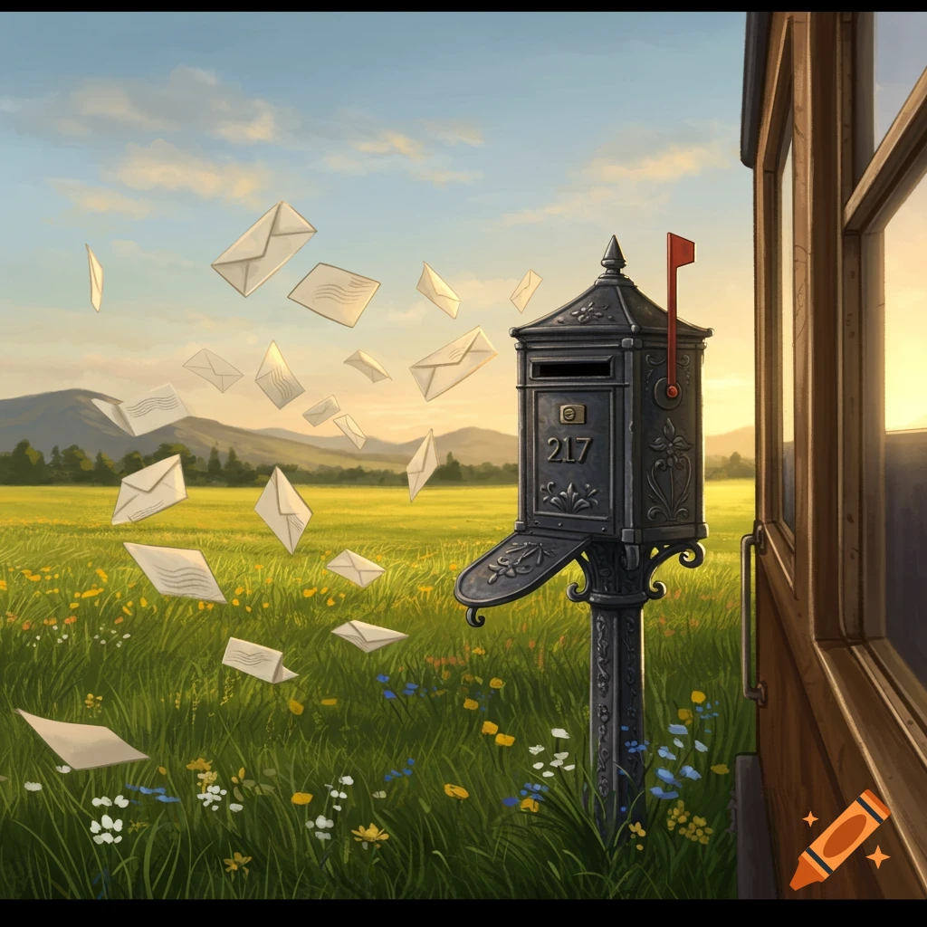 A stylized illustration of an ornate black mailbox in a grassy field with letters flying around, seen from a train window at sunset.