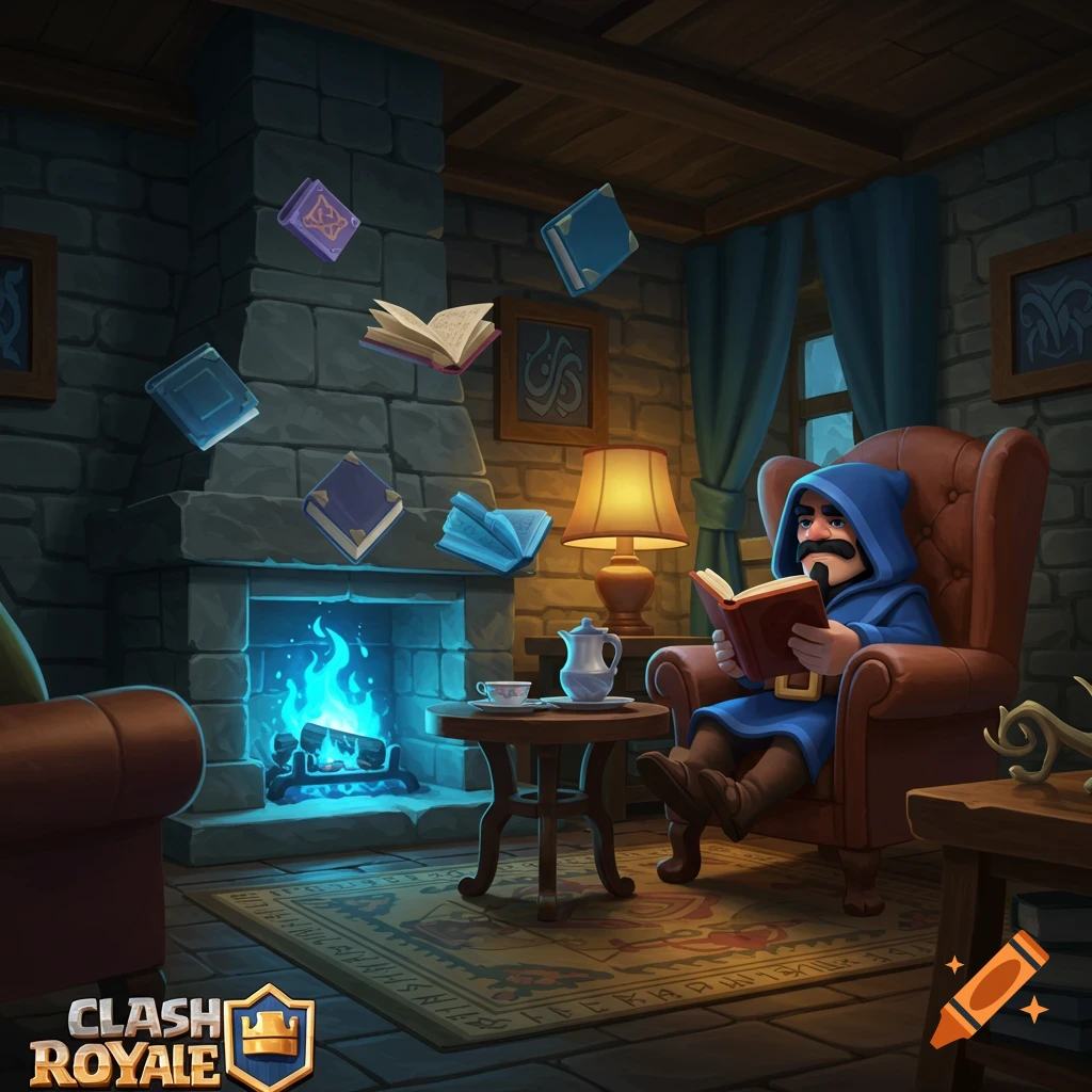 A stylized wizard with a mustache and blue robe reads a book in a cozy room with a glowing blue fireplace, floating books, and a patterned rug. A Clash Royale logo is in the corner.