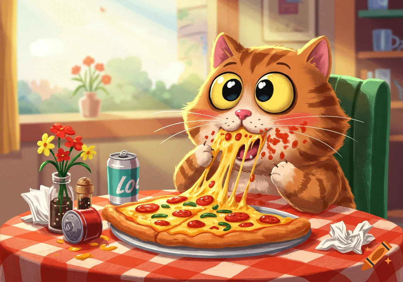 A cartoon orange cat with wide eyes greedily devours a cheesy pepperoni pizza slice, sitting at a red and white checkered table.
