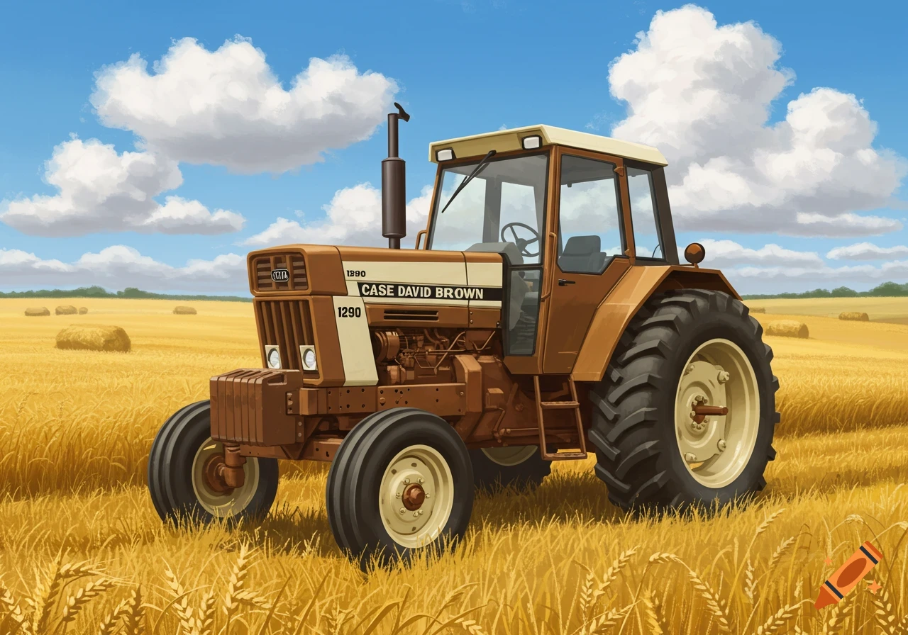 A brown and cream Case David Brown 1290 tractor stands in a golden wheat field with hay bales under a blue sky.
