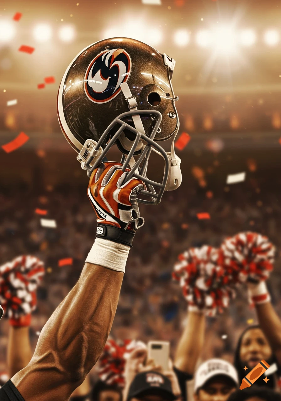 A hand in an orange and white glove holds a bronze football helmet high in the air in a stadium with confetti falling.