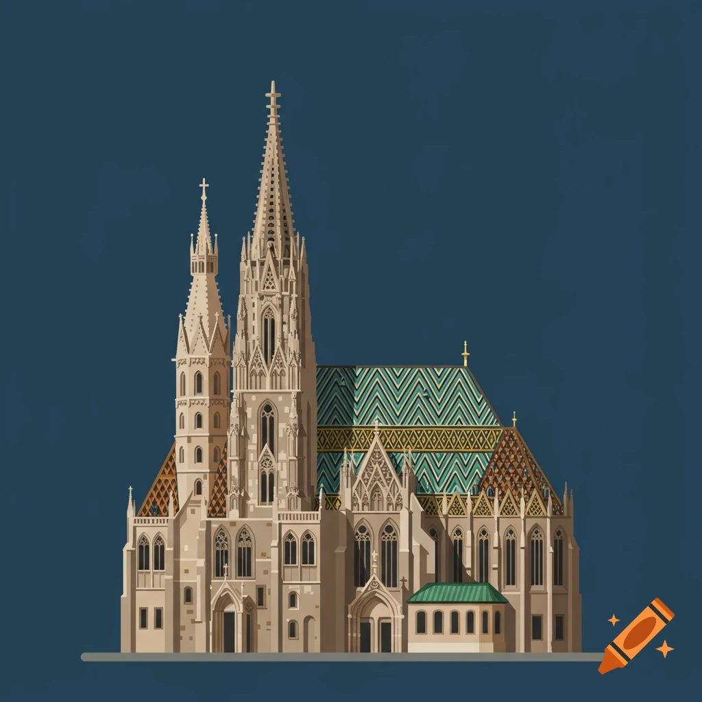 Flat style illustration of St. Stephen's Cathedral with its tall spires and a green and orange patterned roof against a dark blue background.