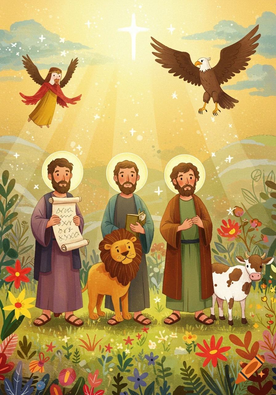 Cartoon illustration of three bearded men with halos, a lion, and a calf, alongside a winged figure and an eagle, in a vibrant floral landscape with bright light.