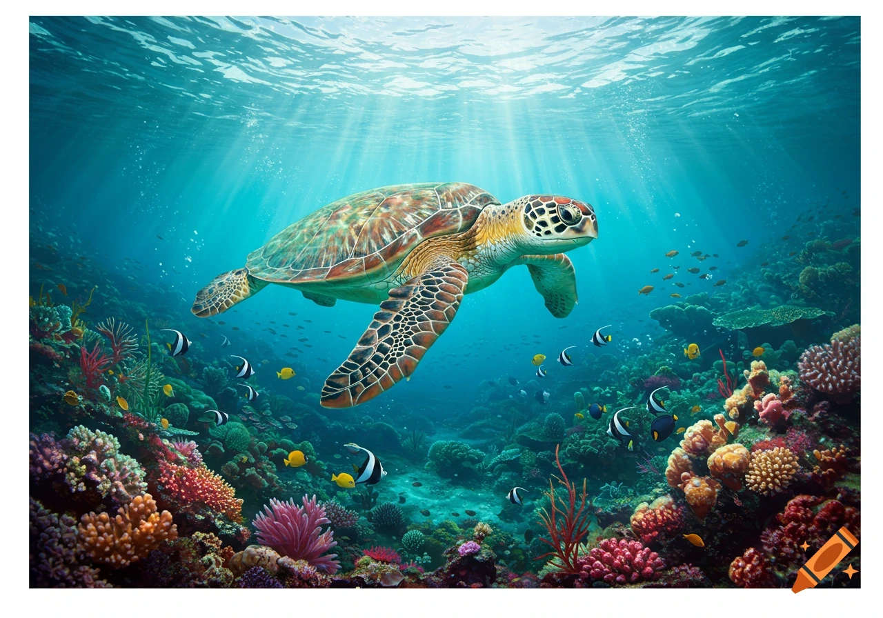 A large sea turtle swims over a vibrant coral reef teeming with colorful fish, illuminated by sunlight from the surface.