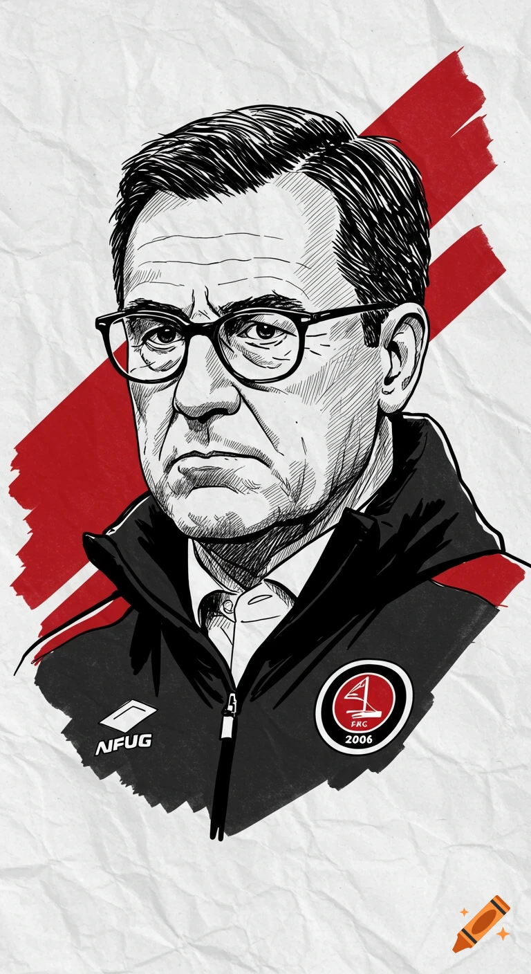 Stylized hand-drawn portrait of a serious football manager wearing glasses and a jacket, with red accents and a crumpled paper background.