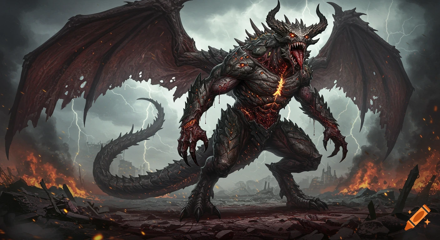 A terrifying, scaly monster with large wings, horns, and glowing red eyes stands in a burning, lightning-struck wasteland. Epic digital art.