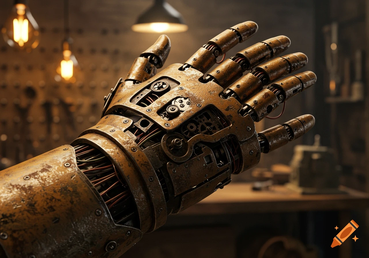Detailed rusty steampunk robot hand with intricate gears and wires in a dimly lit workshop.