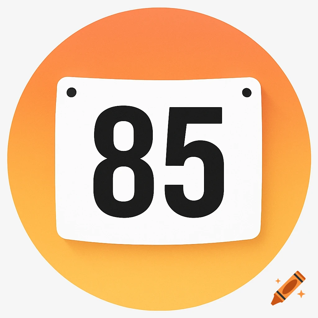 A white race bib with the number 85, pinned to a round orange background.