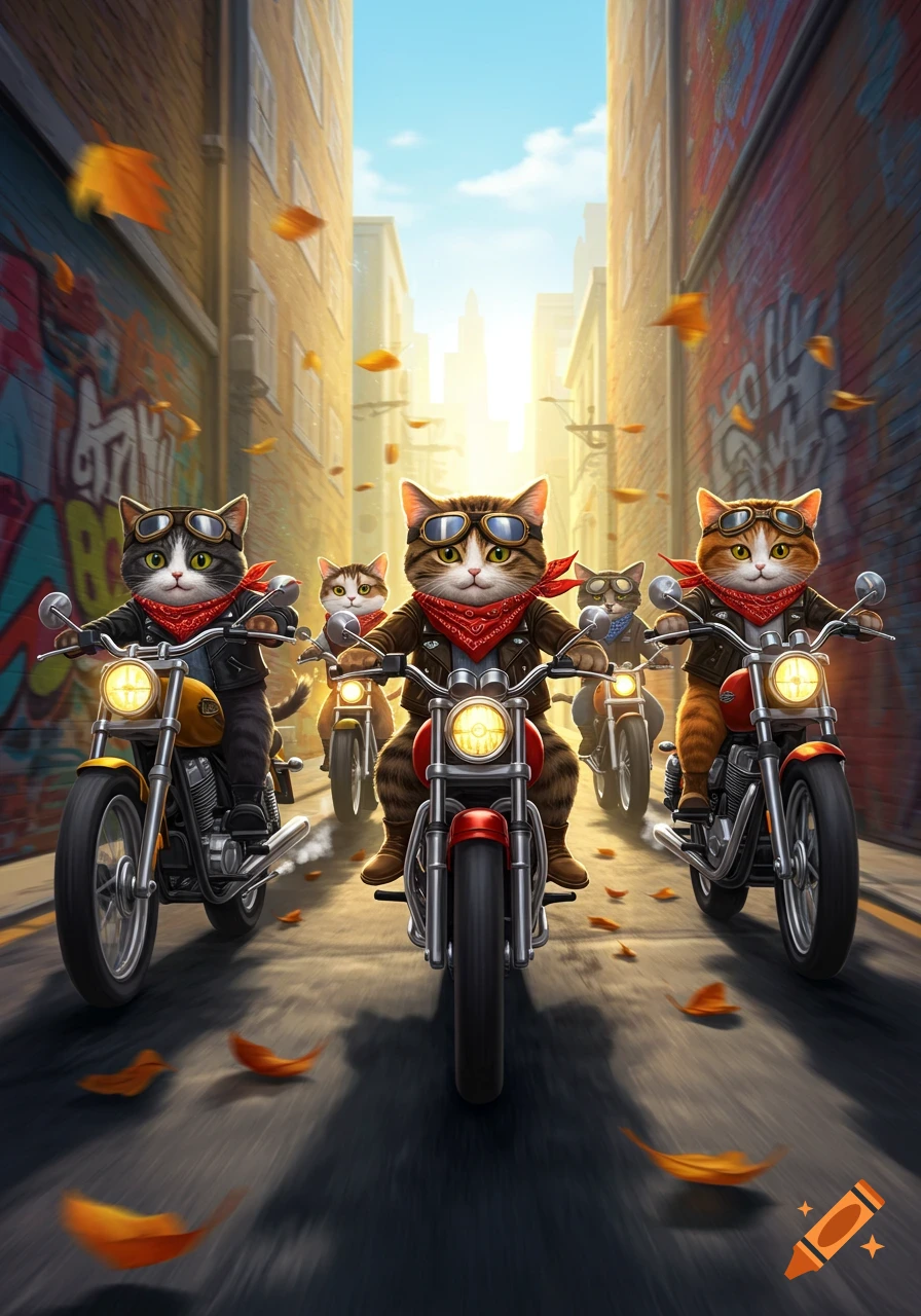 Cartoon cats in goggles and bandanas riding motorcycles down a graffiti-covered alleyway with falling autumn leaves.