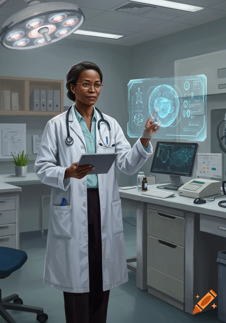 An African American doctor in a lab coat interacting with a futuristic holographic brain scan in a modern medical lab setting.