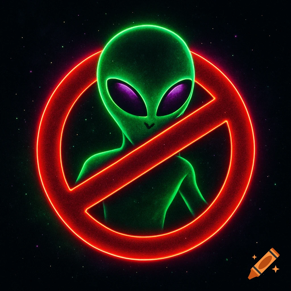 Neon green alien with purple eyes inside a red prohibition circle, against a starry dark background.