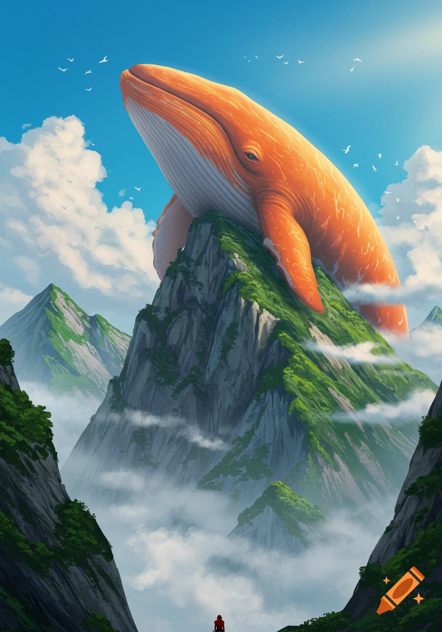 A giant orange whale rests atop a green, cloud-shrouded mountain range, with a small person below, in a fantastical art style.