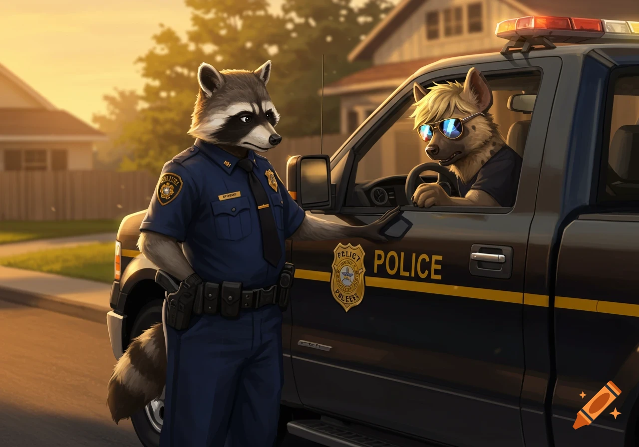 An anthropomorphic raccoon police officer stands by a black police truck talking to a hyena wearing sunglasses in the driver's seat. Cartoon style.
