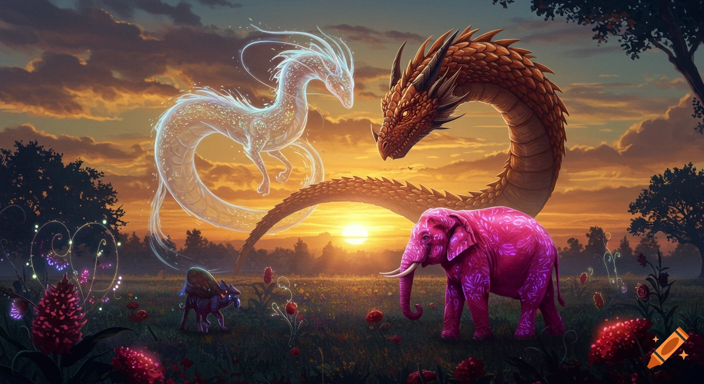 Vibrant fantasy illustration of a glowing white dragon and a brown dragon above a pink elephant in a field at sunset.