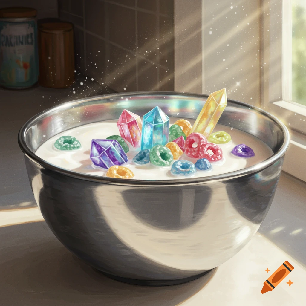 A stainless steel bowl filled with milk, colorful crystal shapes, and cereal loops, illuminated by sunlight from a window.