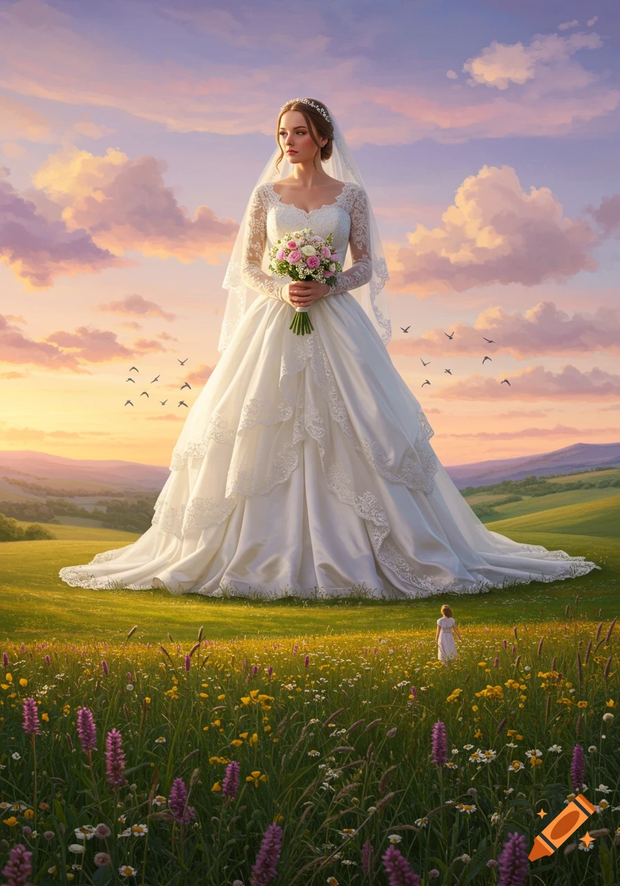 Giant bride in a white wedding dress stands in a vibrant field of wildflowers at sunset, holding a bouquet, with a tiny person.