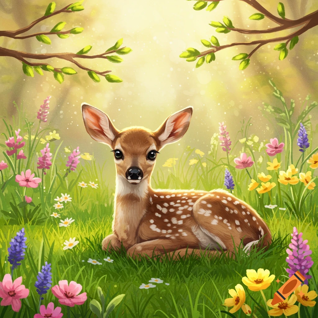 A cute fawn with white spots lies in a vibrant green meadow filled with colorful wildflowers, under dappled sunlight. Stylized illustration.