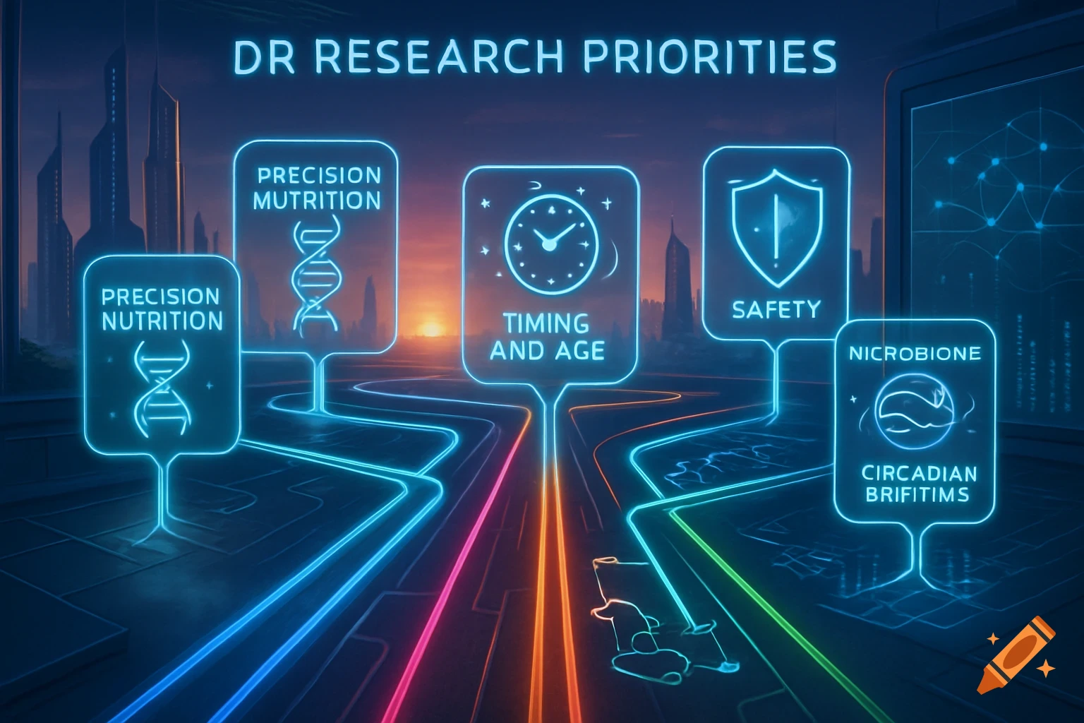 A futuristic cityscape with glowing blue and pink neon lines leading to infographic boxes. The boxes display icons and text like 'Precision Nutrition', 'Timing and Age', 'Safety', and 'Microbione', all under the title 'DR Research Priorities'.